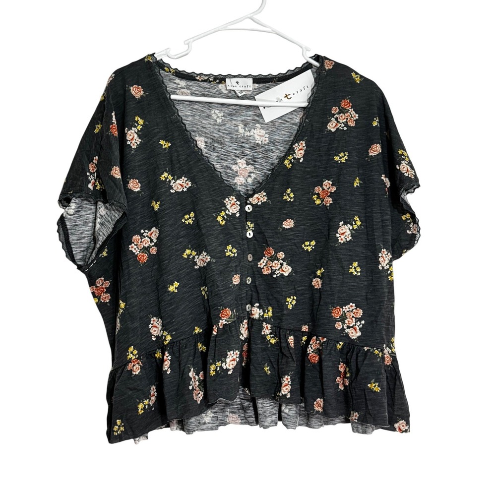 True Craft Womens Floral V-Neck Peplum Top Charcoal Grey Lace Trim Large NWT